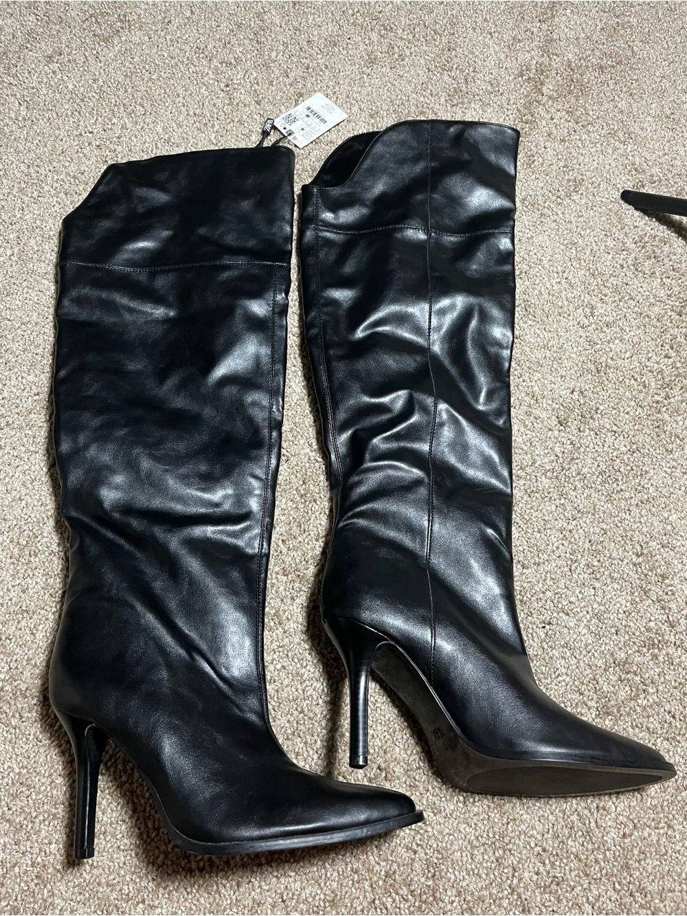 Zara Black Leather-Look Knee Boots with Stiletto Heel